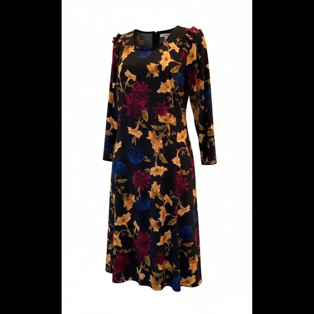 Susan Graver XL Floral Knit Midi Dress Pearl Shoulder Detail Black Stretch